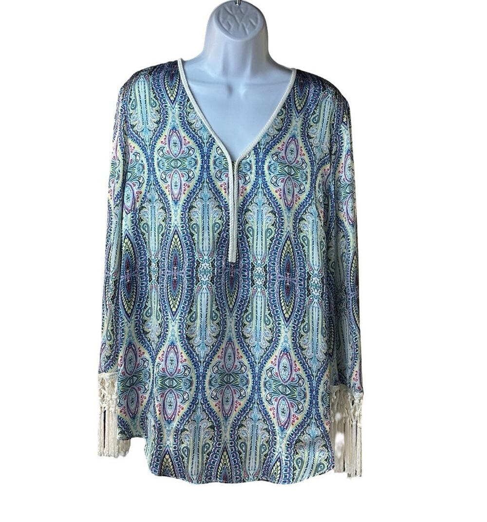 Boston Proper Paisley Tunic Blouse Womens Boho Fringe Sleeve V Neck Flowy Top 14